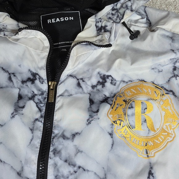 Reason Jacket Mens 2XL 1/4 Zip Hooded White Marble Print Gold Snap Logo Pockets - Picture 1 of 9